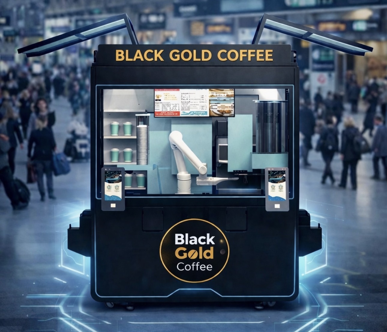 Black Gold Coffee kiosk in a busy public concourse.