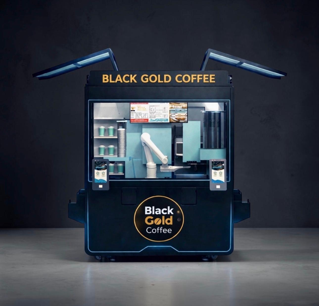 Black Gold Coffee robotic kiosk in a studio setting.