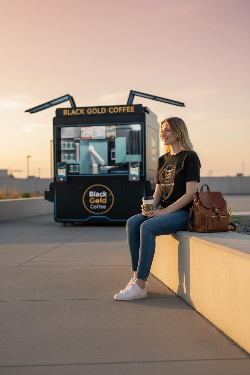 Black Gold Coffee customer with a drink near the kiosk.