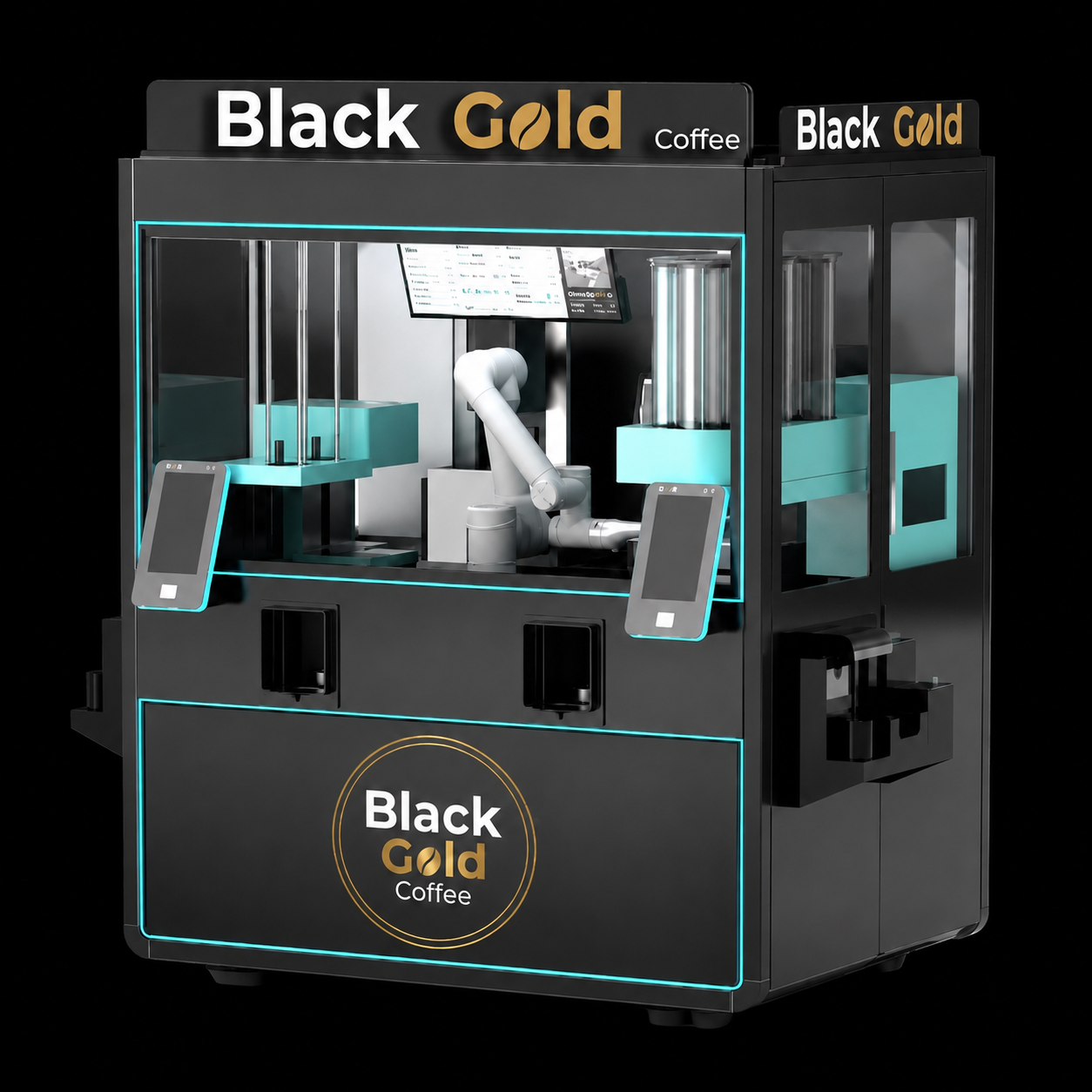 Black Gold Coffee robotic kiosk render with visible preparation area.